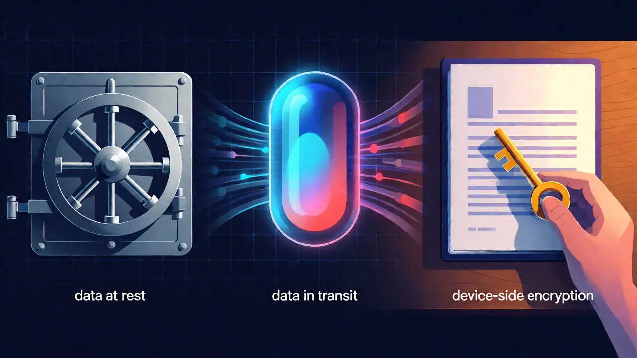 Ilustración conceptual de tres estados del dato: bóveda, tránsito y dispositivo.