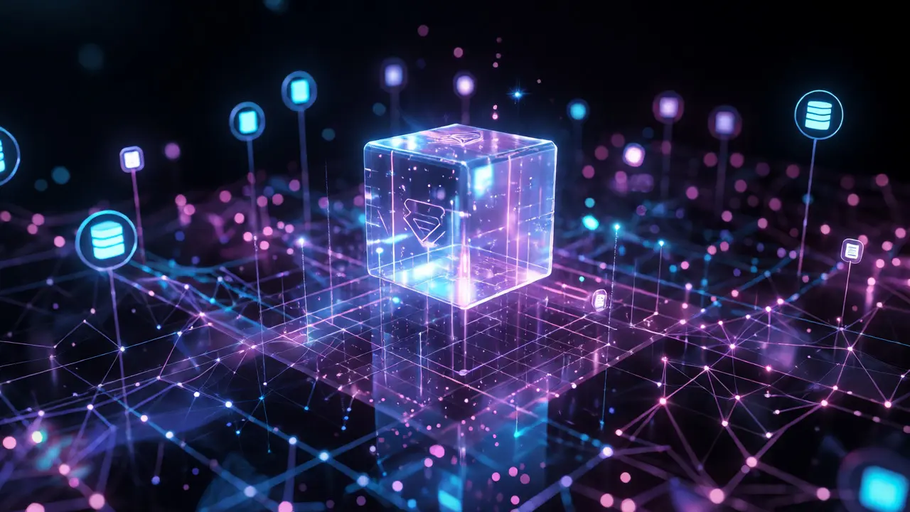 Visualización futurista de almacenamiento descentralizado con nodos conectados.
